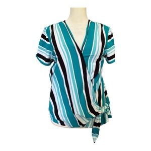Michael --Michael Kors Striped Wrap Top Size Large Teal Black White